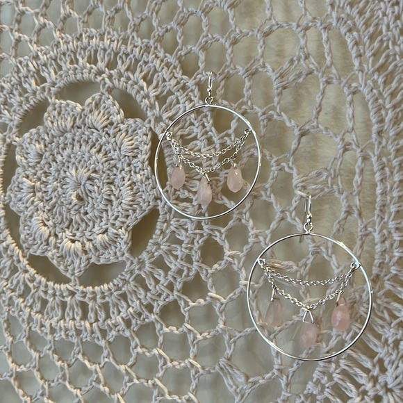 Anthropologie Rose Quartz Sterling Silver Circle Dangling Earrings NWOT - Picture 3 of 3